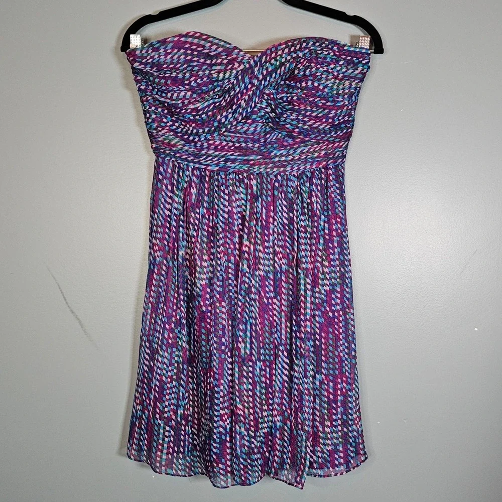Shoshanna Shirred Pixie Stix Strapless Silk Dress Purple Blue‎ Geometric Size 0